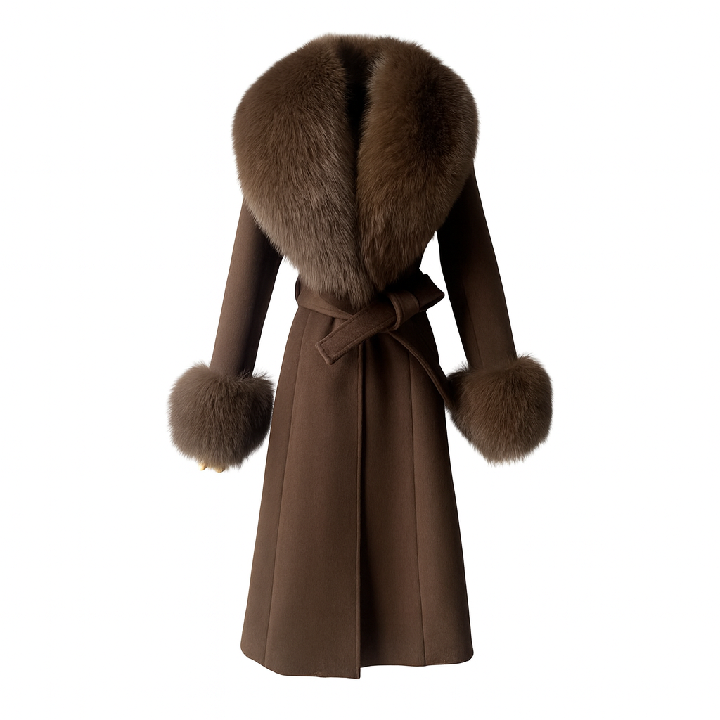 Cashmere Long Coat with Fur Collar & Cuffs