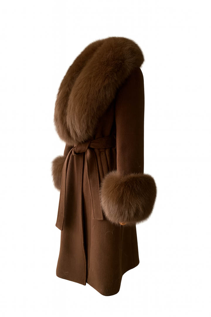 Cashmere Long Coat with Fur Collar & Cuffs